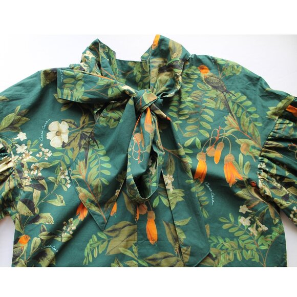 Cara Cara Diane Blouse / Medium / Botanical Birds Emerald Green Bow Balloon - Picture 12 of 14